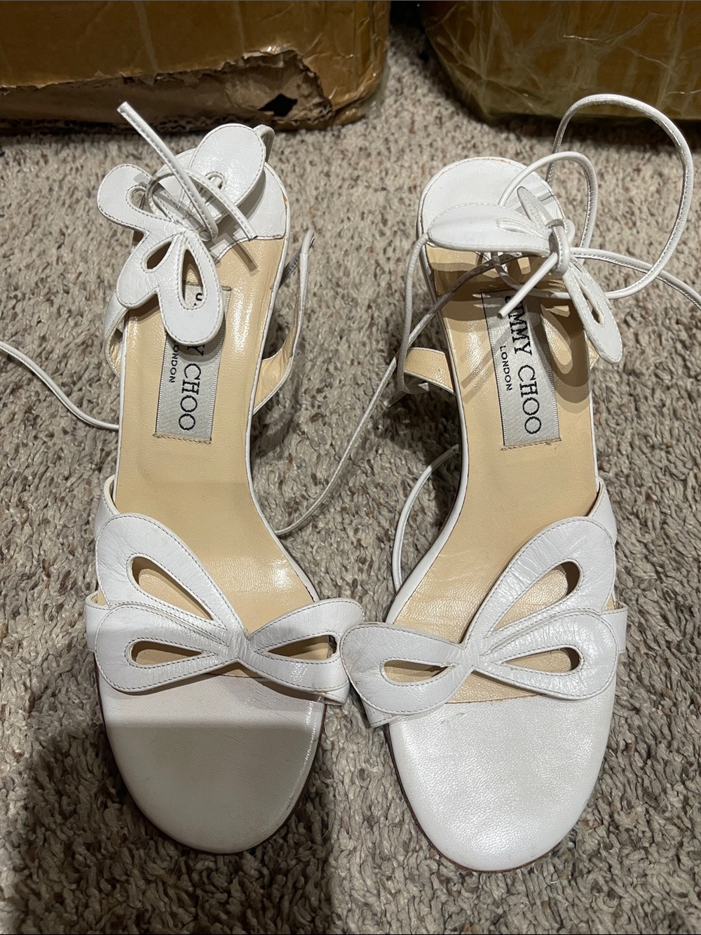 Jimmy Choo White Leather Cutout Ankle-Tie Sandals